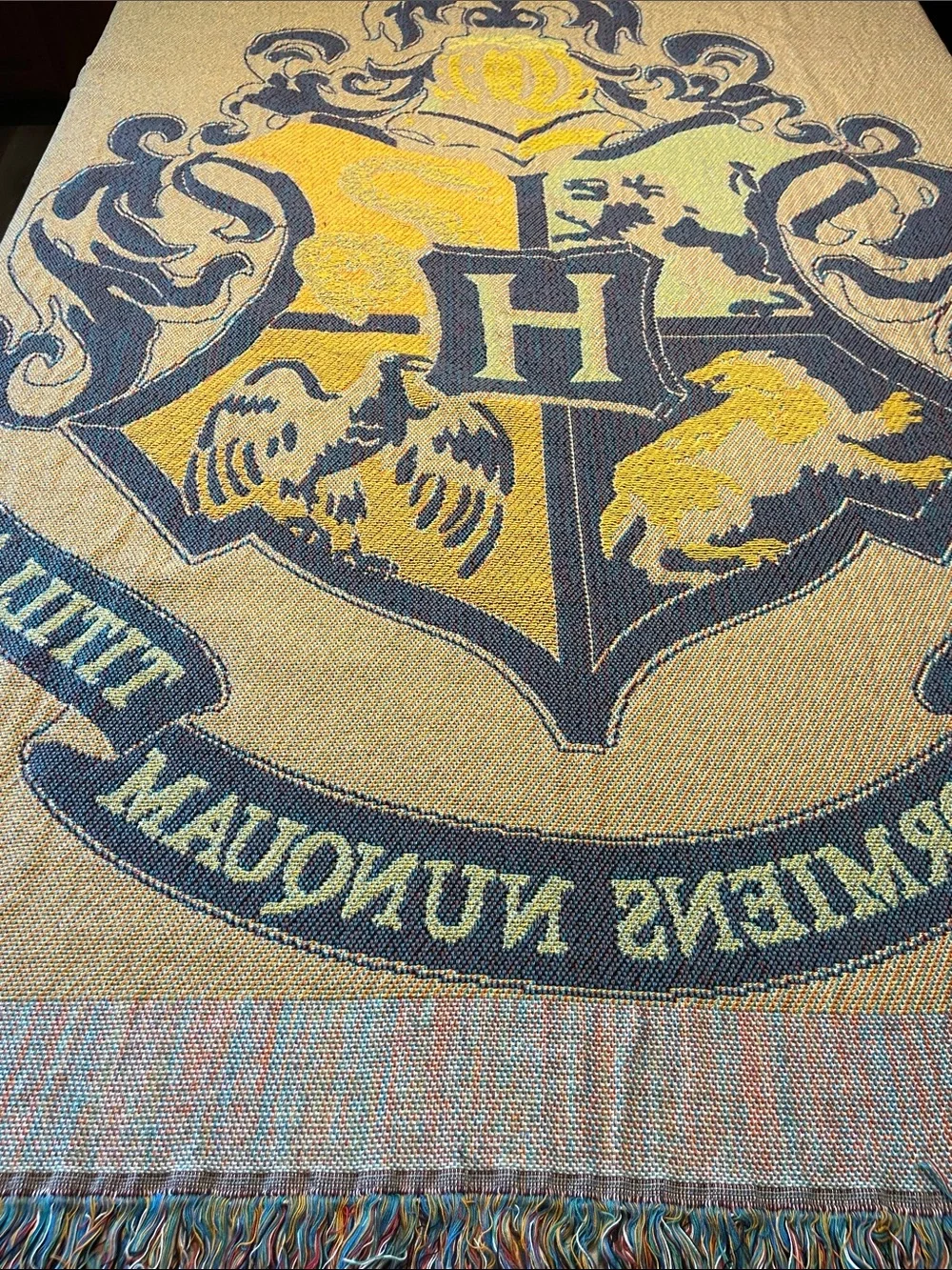 Hogwarts Crest Woven Throw Blanket - Black with Gold, Red, Green, Blue